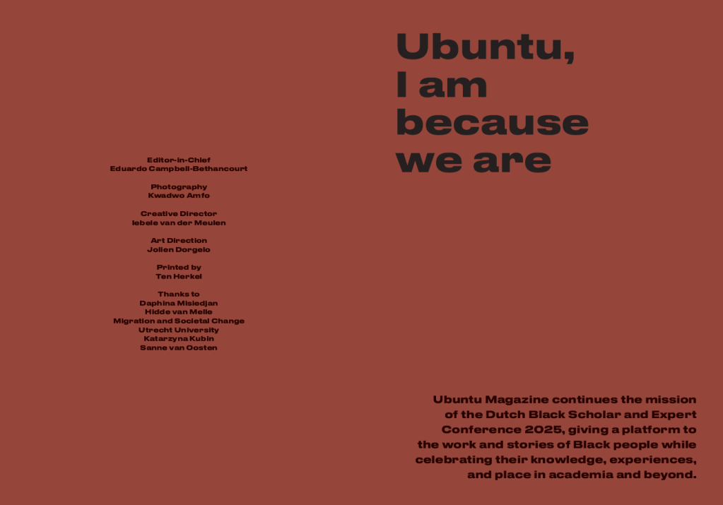 Cover page of Ubuntu Magazine featuring the quote 'Ubuntu, I am because we are,' along with details about the editorial team and the magazine's mission related to Black scholarship and storytelling.