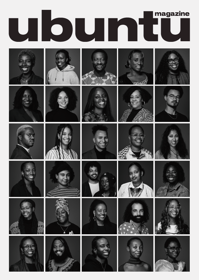 Grid of black and white portraits featuring diverse individuals, with the word 'ubuntu' prominently displayed at the top as part of a magazine layout.